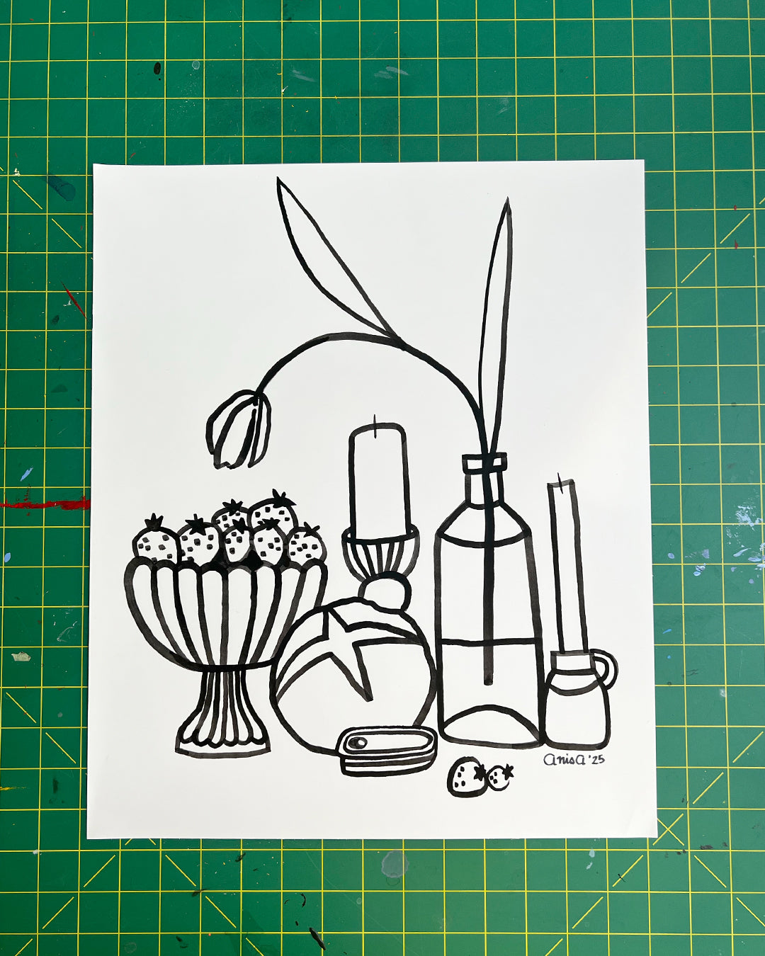 Original Line Painting Still Life – Candles, Tulip, Anchovies, Bread & Strawberries – 14x17" Ink on Strathmore Bristol Paper