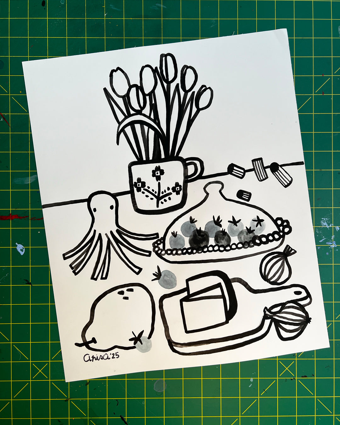 Original Black Ink Line Drawing - Octopus & Gourmet Still Life - 14x17" on Strathmore Bristol Paper