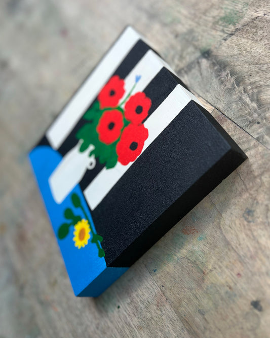 Poppies and Stripes – 6x6 Acrylic Painting on Wood Panel