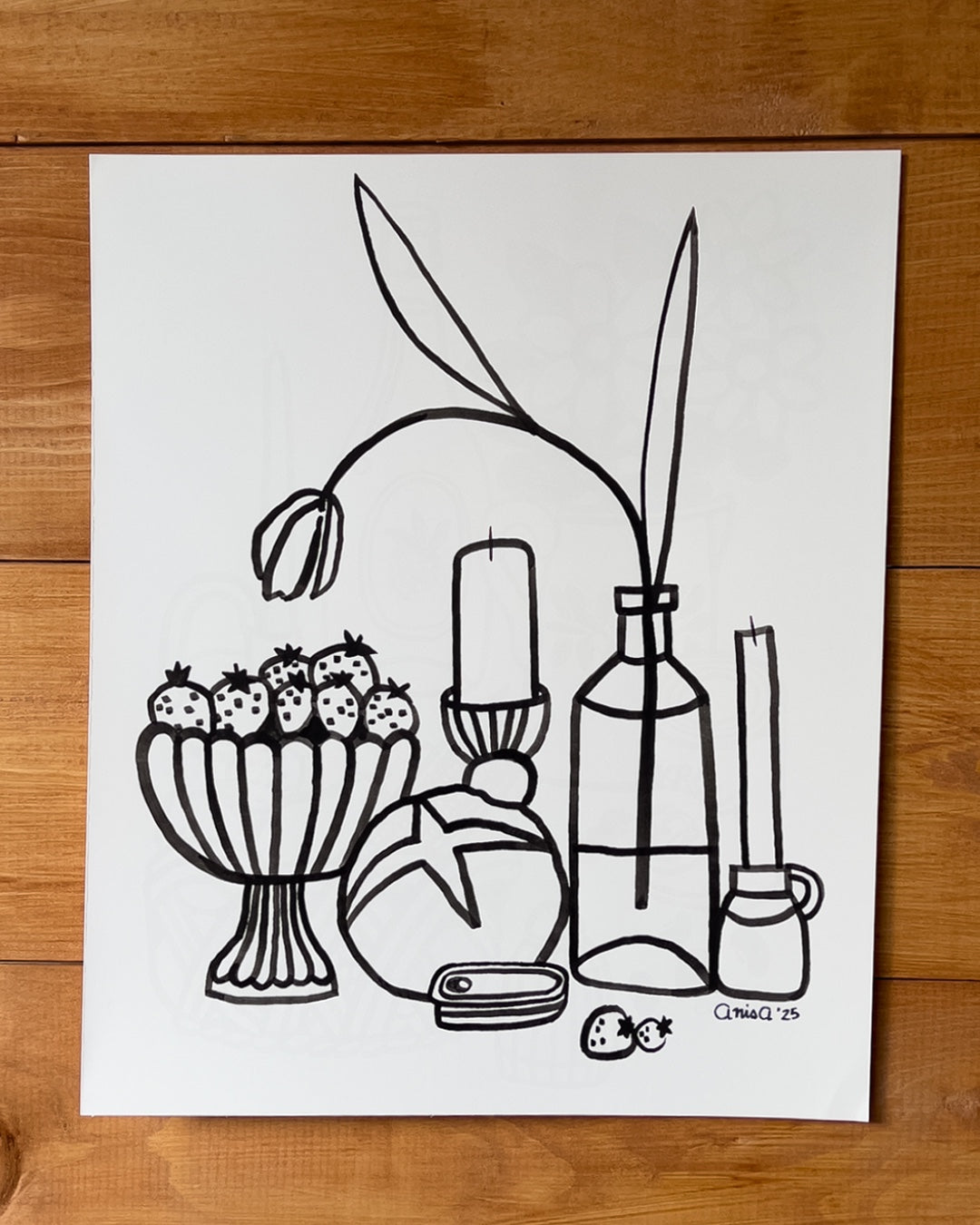 Original Line Painting Still Life – Candles, Tulip, Anchovies, Bread & Strawberries – 14x17" Ink on Strathmore Bristol Paper