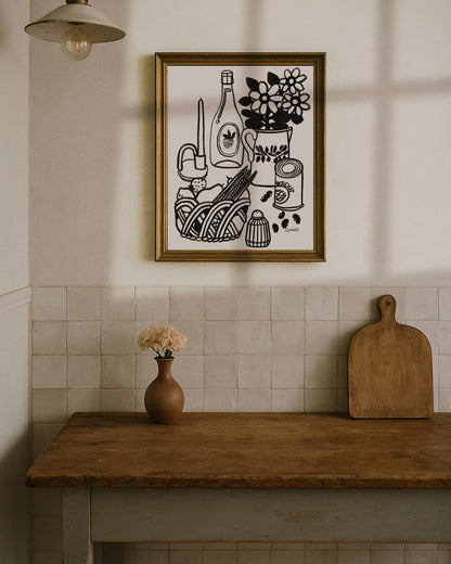 Original Black Ink Line Drawing Still Life – Salt, Beans, Sauerkraut & Strawberry Wine – 14x17" on Strathmore Bristol Paper