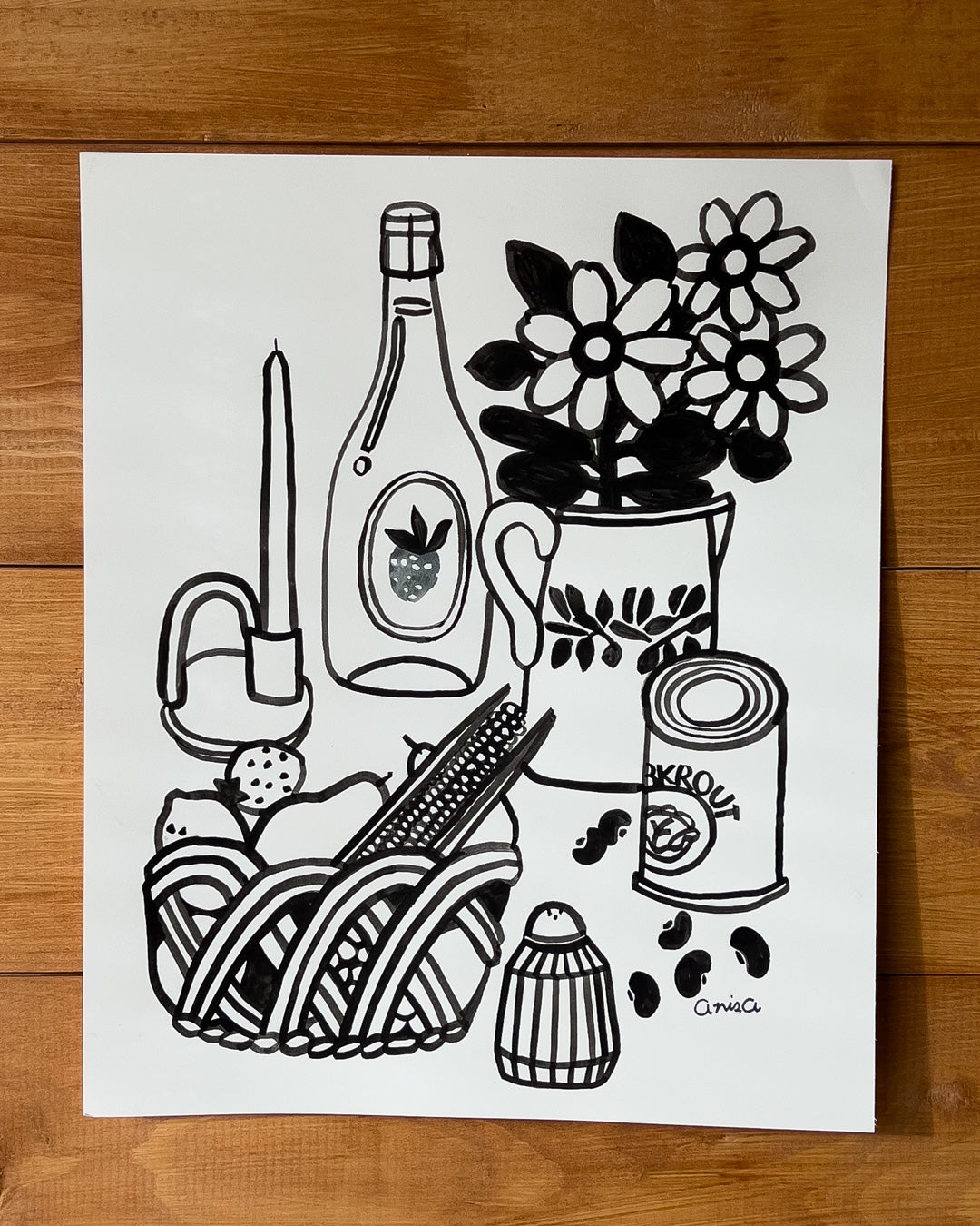 Original Black Ink Line Drawing Still Life – Salt, Beans, Sauerkraut & Strawberry Wine – 14x17" on Strathmore Bristol Paper