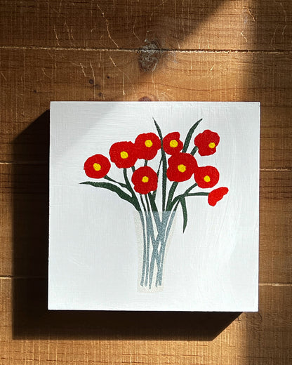 Red Flowers in Morning Light – 6x6 Modern Floral Painting on Wood