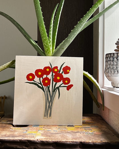 Red Flowers in Morning Light – 6x6 Modern Floral Painting on Wood
