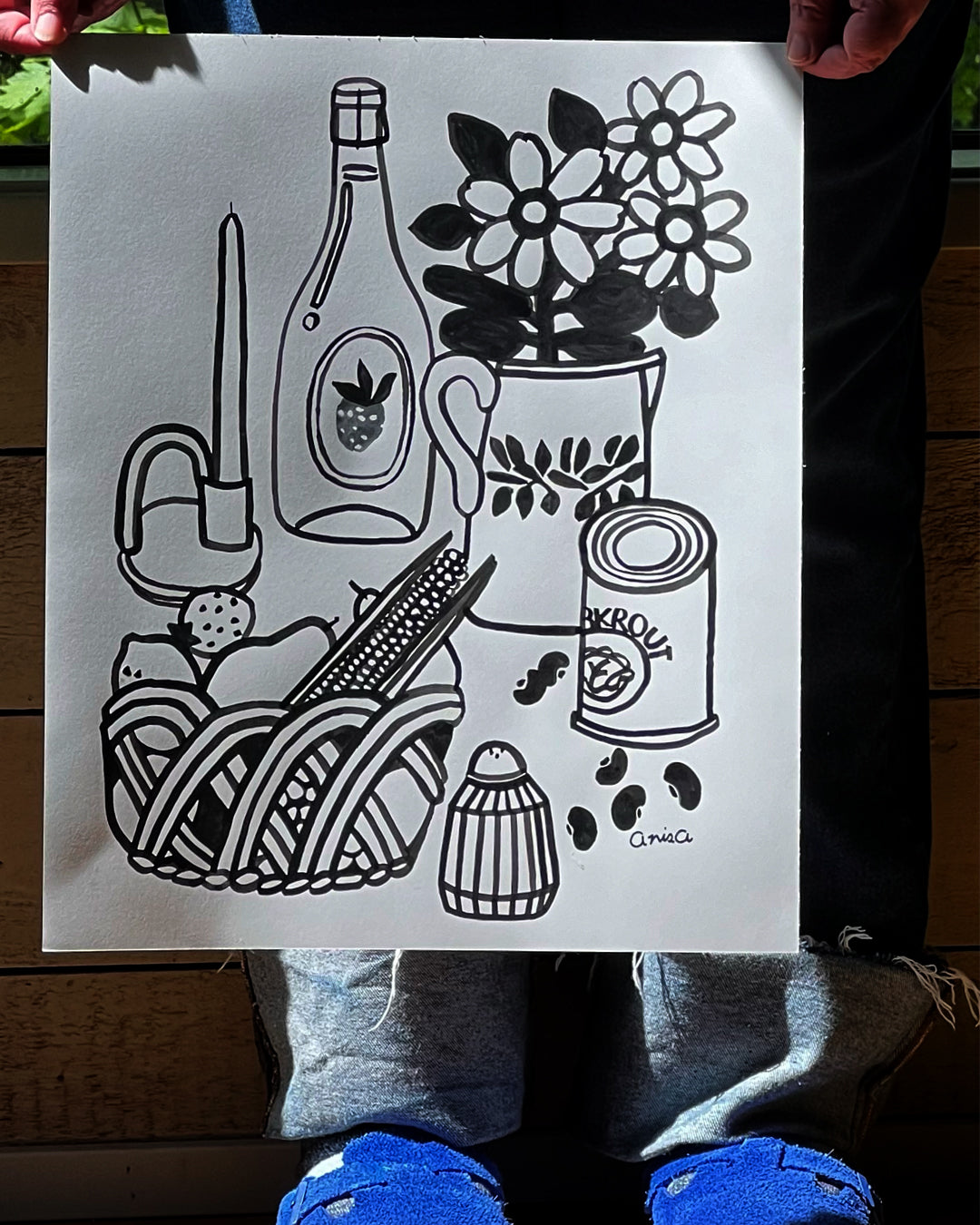 Original Black Ink Line Drawing Still Life – Salt, Beans, Sauerkraut & Strawberry Wine – 14x17" on Strathmore Bristol Paper