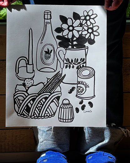 Original Black Ink Line Drawing Still Life – Salt, Beans, Sauerkraut & Strawberry Wine – 14x17" on Strathmore Bristol Paper