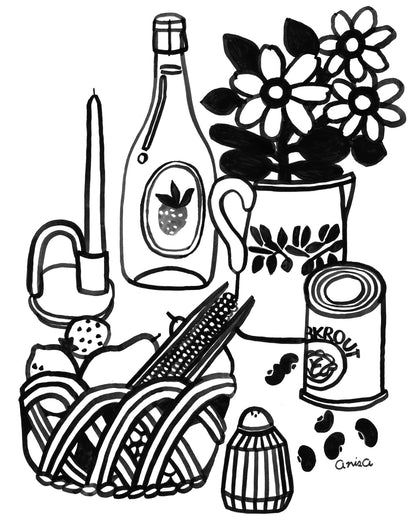 Original Black Ink Line Drawing Still Life – Salt, Beans, Sauerkraut & Strawberry Wine – 14x17" on Strathmore Bristol Paper