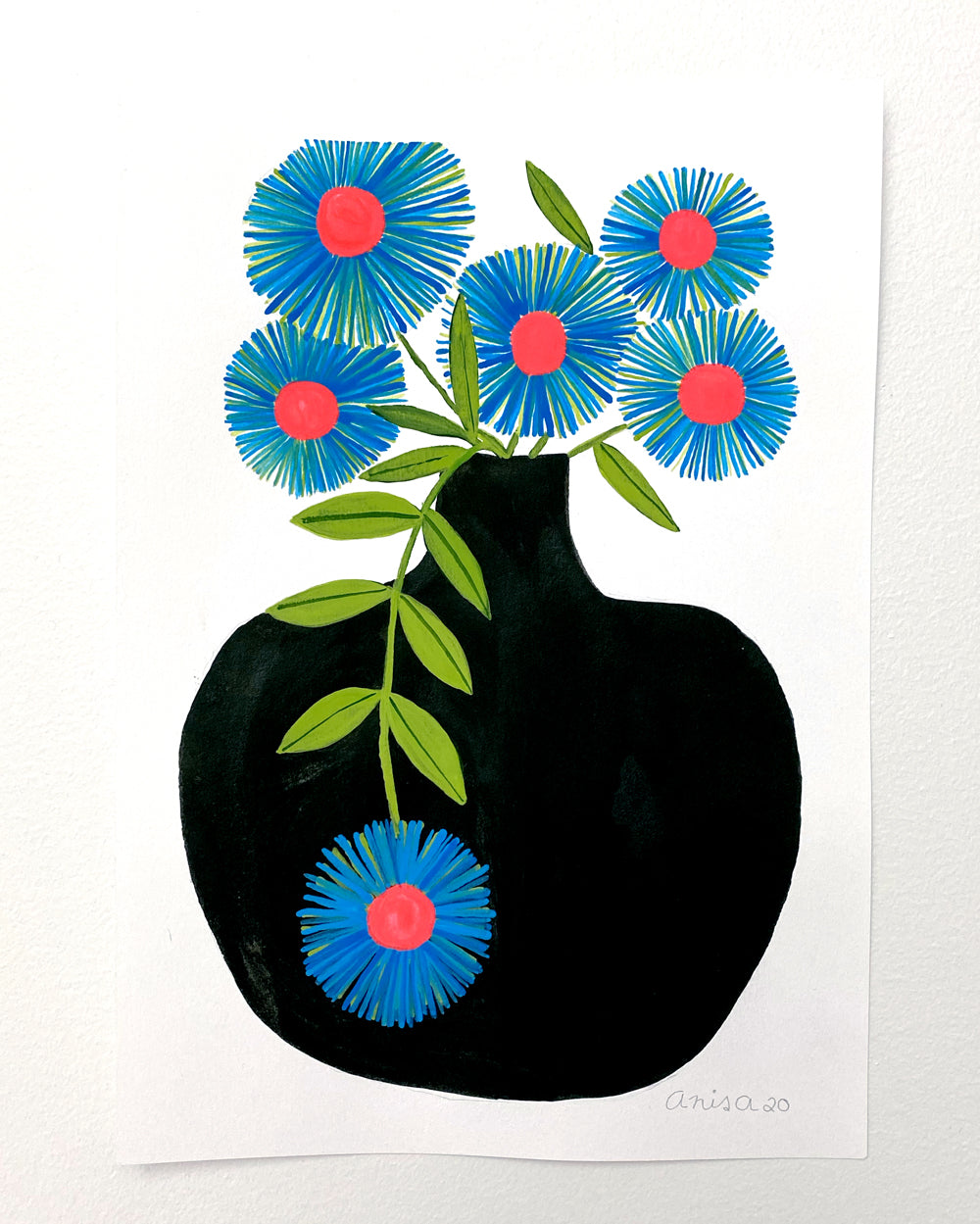 Blue Flowers Black Vase